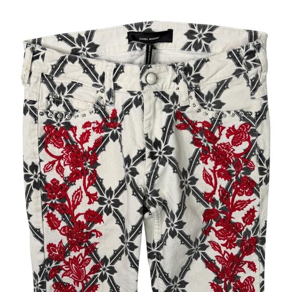 Isabel Marant Étoile N1501 Red Floral Embroidered Cropped Jeans White 36 US 4 - Picture 3 of 7